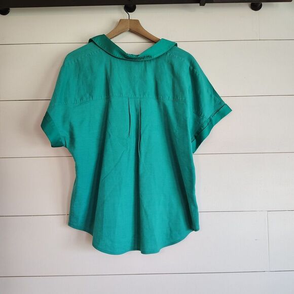 CHICO'S Green Linen Blend Popover Top Satin Trim Mature Lagenlook Beachy Sz 3 XL - Picture 2 of 8